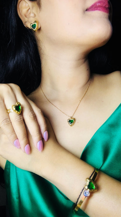Emerald Heart Curb Chain Pendant(With Ring & Bracelet)