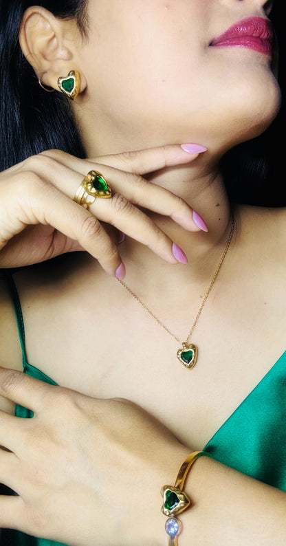 Emerald Heart Curb Chain Pendant(With Ring & Bracelet)