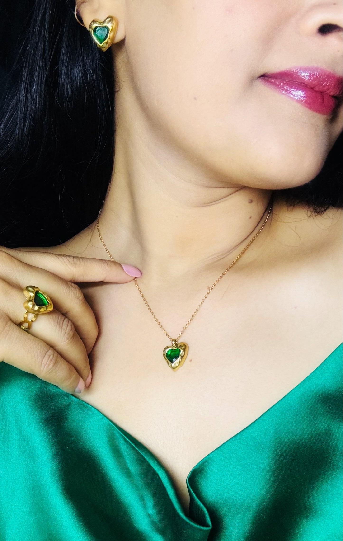Emerald Heart Curb Chain Pendant(With Ring & Bracelet)