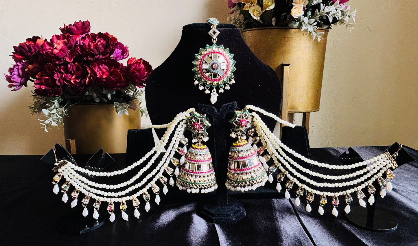 Multicolour Mirror Chain Jhumka With Maangtika